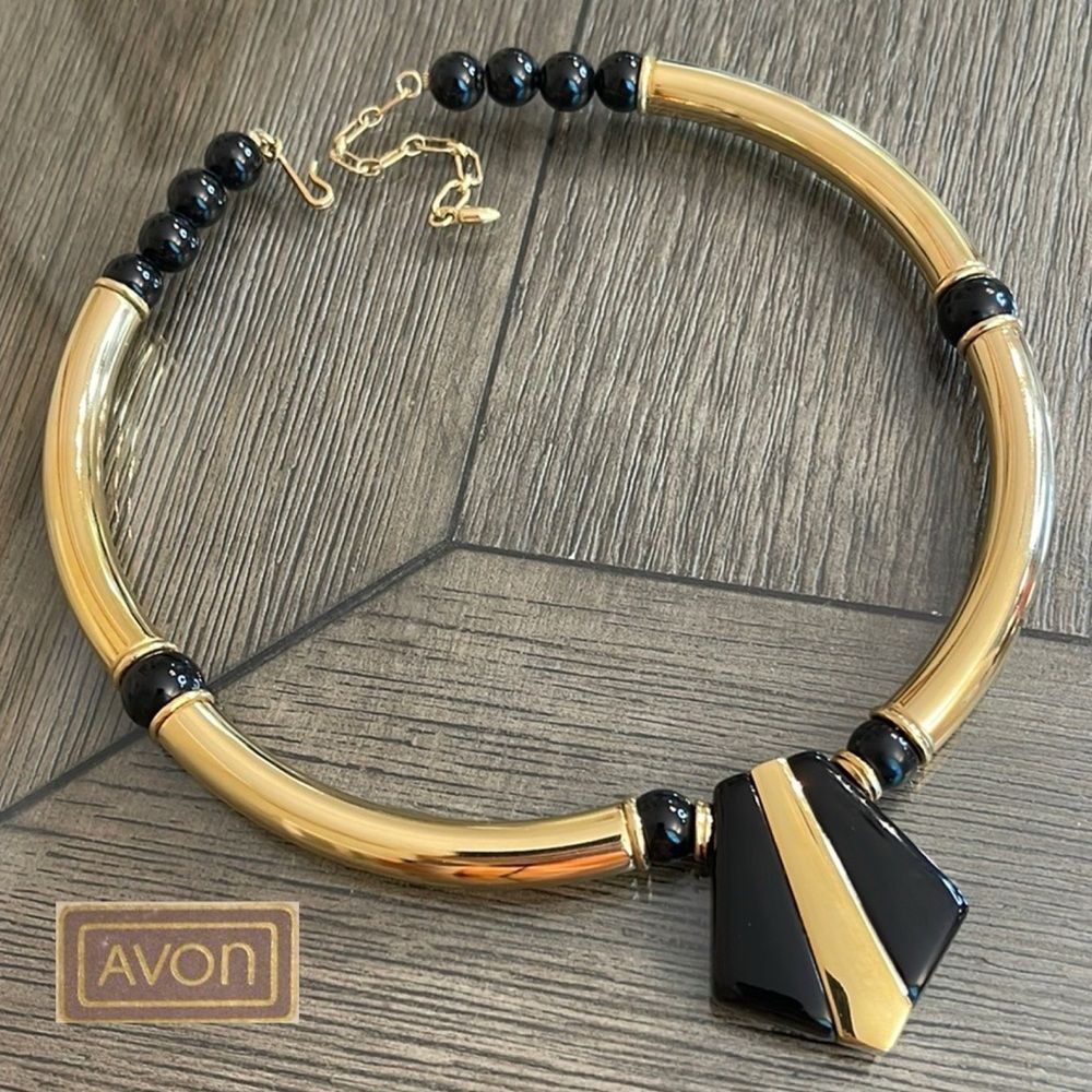 Vintage 1987 Avon “Modern Elegance” Black & Gold Tubular Necklace